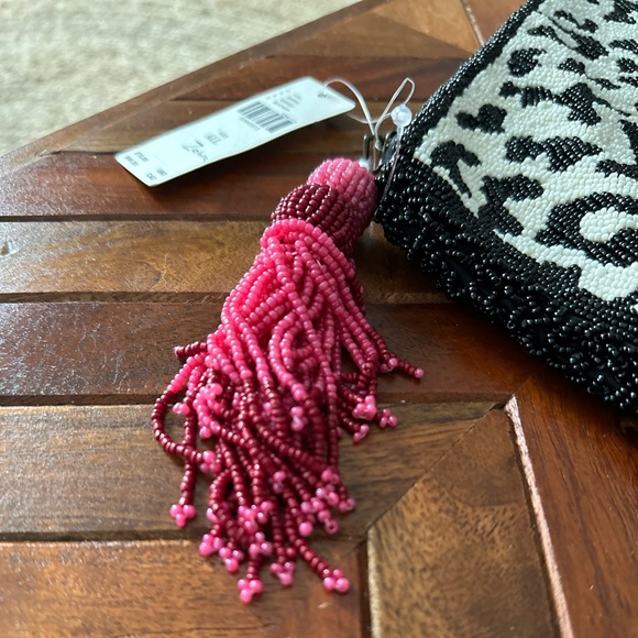 Anthropologie Black & White Beaded Leopard Clutch with Pink Tassel - Picture 10 of 13
